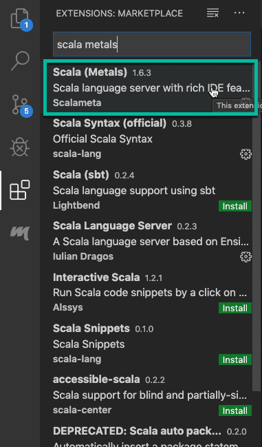 Scala Metals plugin install inside VS Code
