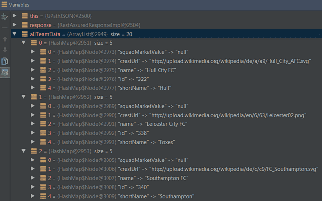 All team data in debug in Intellij