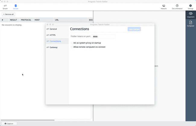 Fiddler Settings screenshot for Gatling Proxy